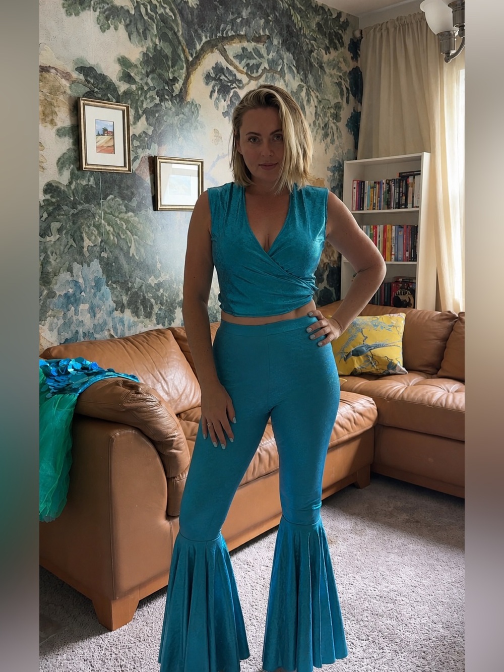 Turquoise Two-Piece Bell Bottom Set – Retro Disco Festival Outfit, S, M, L